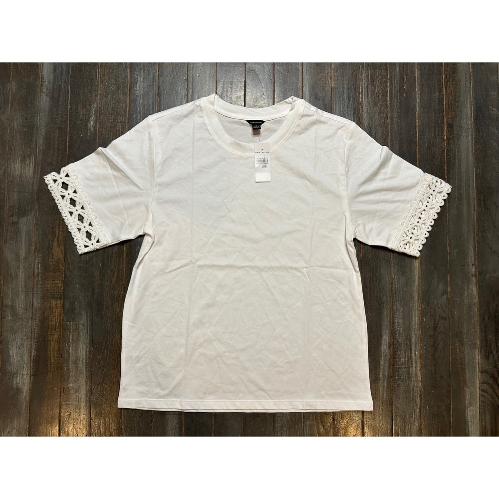 Ann Taylor White Short Sleeve Crochet Lace Trim Crew Neck Top